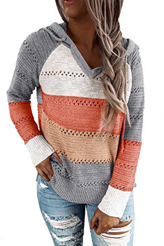 JOCAFIYE Damen Gestreift Hoodie Entspannt Sweatshirt mit Kapuze Farbblock Kapuzenpullover mit Kordelzug J PJ-Gary XL von JOCAFIYE