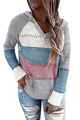 JOCAFIYE Damen Knit Hoodie Sweatshirts Langarm Hoodies Casual Patchwork Kapuzenpullover Streifen Pullover P/Blue M von JOCAFIYE