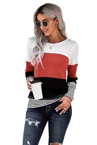 JOCAFIYE Pullover Damen Oberteile Langarm Rundhal Tunika Casual Einfarbig Farbblock Pullover Blusen Shirt Elegant Tops L-LRed L von JOCAFIYE