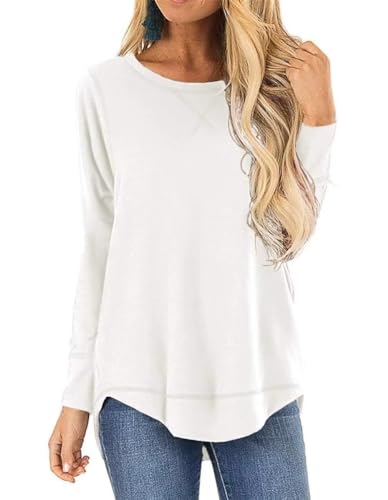 JOCAFIYE Pullover Damen Oberteile Pulli Langarmshirt Rundhals Ausschnitt Sweatshirt Lose Jumper Longbluse Pullover Kurzarm/Langarm T-Shirt White S von JOCAFIYE