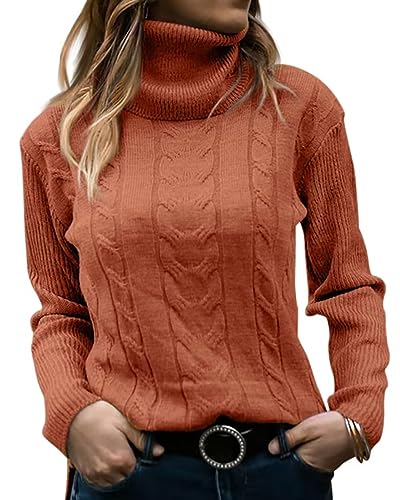 JOCAFIYE Damen Pullover Casual Langarm Pullover Mode Rollkragen Strickpullover Tops, 05 - rot braun, Groß von JOCAFIYE