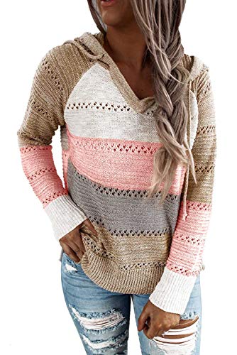 JOCAFIYE Damen Pullover Strickpullover V Auschnitt Langarm Strickpulli mit Kapuze Gestreift Herbst Oberteile Tops J PJ-Khaki XL von JOCAFIYE