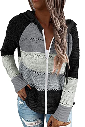 JOCAFIYE Damen Strickjacken Strickpullover Hoodie Casual Strickcardigan Full Zip Kapuzenpullover Strickmantel Strickwaren KSBlack M von JOCAFIYE