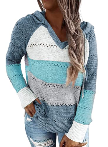 JOCAFIYE Damen Strickpullover Pullover Hohl Design Hoodie Lässiger Kapuzenpullover Strickpullover mit Kordelzug Blue XL von JOCAFIYE