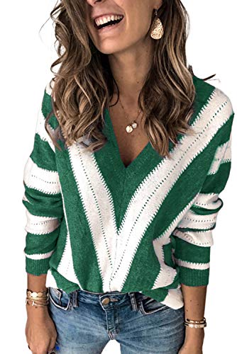 JOCAFIYE Damen Strickpullover Sweater Shirts V-Ausschnitt Pullover Langarmshirt Strickpulli Casual Loose Langarm Oberteile Tops Green M von JOCAFIYE