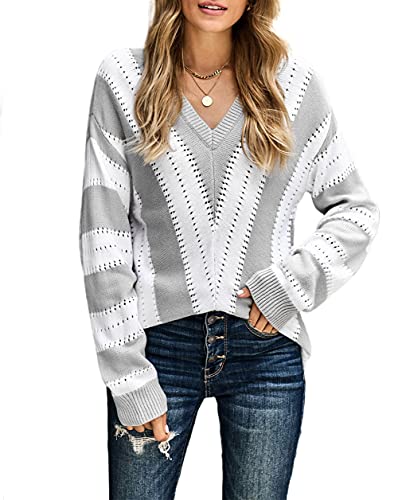 JOCAFIYE Damen V-Ausschnitt Gestreifter Pullover Lose Casual Langarm Strickpullover Sweater Top Outwear Loose Strick Pullover Gary XXL von JOCAFIYE