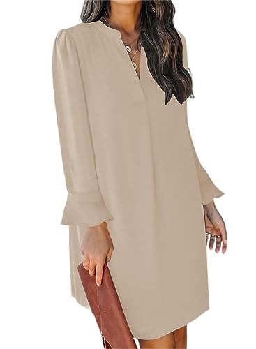 JOCAFIYE Damen V-Ausschnitt Rüschen Hemdkleid Einfarbige Casual Langarm Einfarbig Kleid Beige S von JOCAFIYE