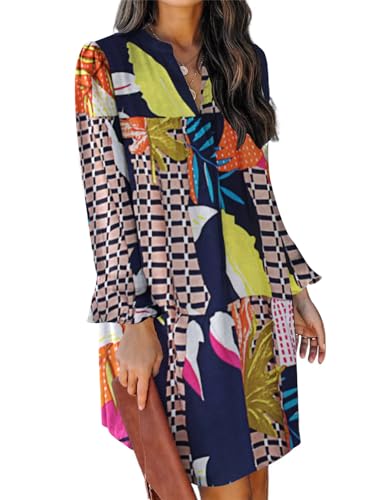 JOCAFIYE Damen V-Ausschnitt Rüschen Hemdkleid Einfarbige Casual Langarm Einfarbig Kleid Geometry XL von JOCAFIYE