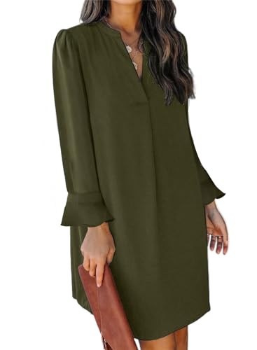 JOCAFIYE Damen V-Ausschnitt Rüschen Hemdkleid Einfarbige Casual Langarm Einfarbig Kleid Grün S von JOCAFIYE