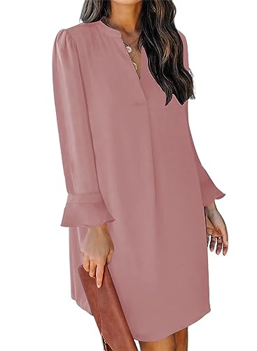 JOCAFIYE Damen V-Ausschnitt Rüschen Hemdkleid Einfarbige Casual Langarm Einfarbig Kleid Pink L von JOCAFIYE