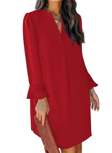 JOCAFIYE Damen V-Ausschnitt Rüschen Hemdkleid Einfarbige Casual Langarm Einfarbig Kleid Red M von JOCAFIYE
