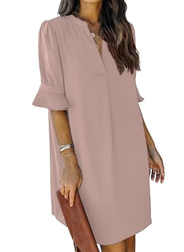 JOCAFIYE Frauen Sommer Kurzarm Kleider V-Ausschnitt Casual Flowy Swing Party Club Mini Kleid Grau Rosa L von JOCAFIYE
