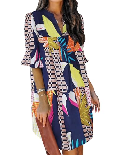 JOCAFIYE Frauen Sommer Kurzarm Kleider V-Ausschnitt Casual Flowy Swing Party Club Mini Kleid Geometry L von JOCAFIYE