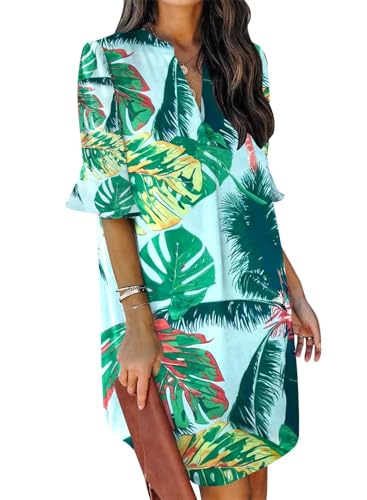JOCAFIYE Frauen Kurzarm Kleider V-Ausschnitt Casual Flowy Swing Party Club Mini Kleid Green Leaf L von JOCAFIYE
