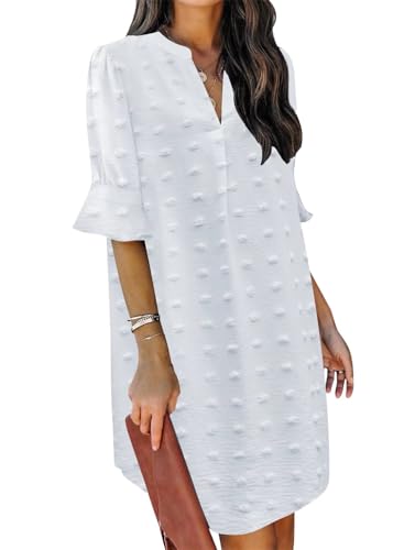 JOCAFIYE Frauen Sommer Kurzarm Kleider V-Ausschnitt Casual Flowy Swing Party Club Mini Kleid Dot White L von JOCAFIYE