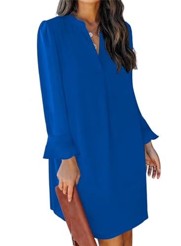 JOCAFIYE Frauen V-Ausschnitt Langarm Lose und Dünn Casual Flowy Rüschen Kleid Freizeitkleider für Frauen Royal Blue XL von JOCAFIYE