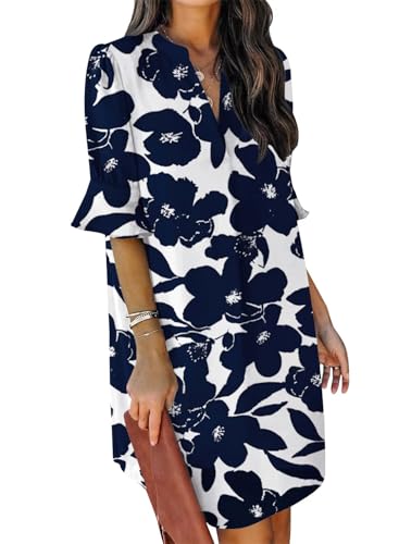 JOCAFIYE Frauen V-Ausschnitt Rüschen Hemdkleid Einfarbige Casual Sommer Kurzes Einfarbig Kleid Blau Weiß XXL von JOCAFIYE