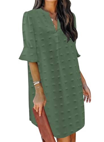JOCAFIYE Frauen V-Ausschnitt Rüschen Hemdkleid Einfarbige Casual Sommer Kurzes Einfarbig Kleid Dot Olive XL von JOCAFIYE