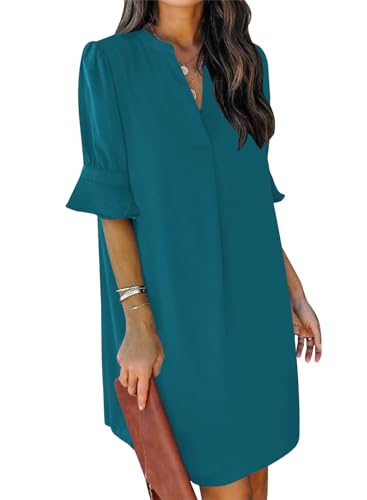 JOCAFIYE Frauen V-Ausschnitt Rüschen Hemdkleid Einfarbige Casual Sommer Kurzes Einfarbig Kleid Marineblau M von JOCAFIYE