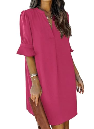 JOCAFIYE Frauen V-Ausschnitt Rüschen Hemdkleid Einfarbige Casual Sommer Kurzes Einfarbig Kleid Rose S von JOCAFIYE