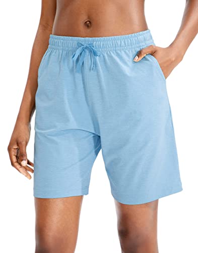 JOCAFIYE 2024 Kurze Hosen Damen Shorts Damen Jersey Shorts mit tiefen Taschen 7 Zoll Lang Lässig Wandershorts Jogginghose Kurze Sporthose Yoga Fitness Gym Blue XL von JOCAFIYE