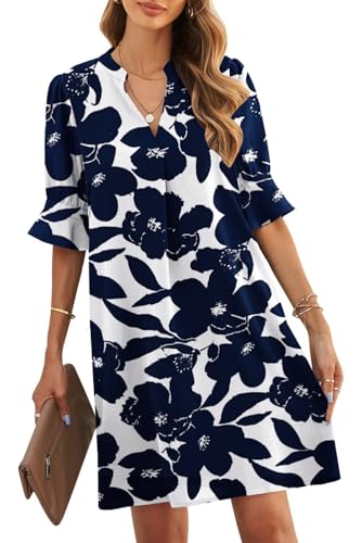 JOCAFIYE Damenkleider, V-Ausschnitt, gerüscht, kurze Ärmel, lässiges Etuikleid, Sommerkleider für Damen 2025, C-Blau / Weiß mit Blumenmuster, X-Groß von JOCAFIYE