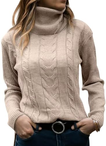 JOCAFIYE Pullover Damen Rollkragen Cable Knit Elegant Langarm Tops Lose Casual Weich 2024 Herbst Outfits Jumper Sweater Beige M von JOCAFIYE
