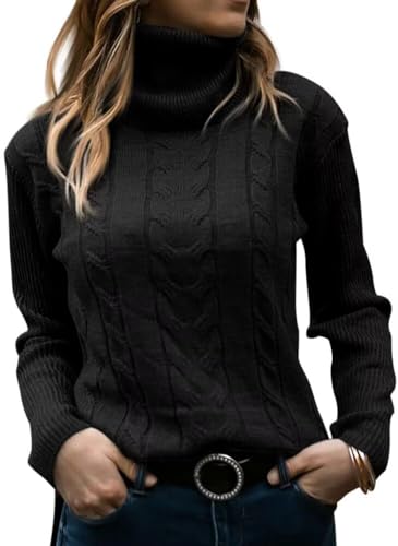 JOCAFIYE Pullover Damen Rollkragen Cable Knit Elegant Langarm Tops Lose Casual Weich 2024 Herbst Outfits Jumper Sweater Black S von JOCAFIYE