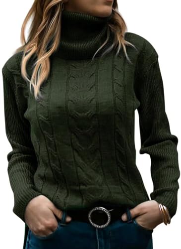 JOCAFIYE Pullover Damen Rollkragen Cable Knit Elegant Langarm Tops Lose Casual Weich 2024 Herbst Outfits Jumper Sweater Green L von JOCAFIYE