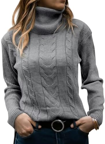 JOCAFIYE Pullover Damen Rollkragen Cable Knit Elegant Langarm Tops Lose Casual Weich 2024 Herbst Outfits Jumper Sweater Grey L von JOCAFIYE