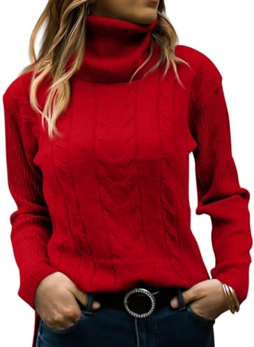 JOCAFIYE Pullover Damen Rollkragen Cable Knit Elegant Langarm Tops Lose Casual Weich 2024 Herbst Outfits Jumper Sweater Red S von JOCAFIYE
