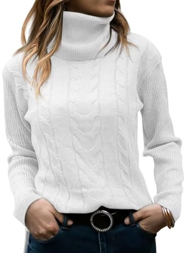 JOCAFIYE Pullover Damen Rollkragen Cable Knit Elegant Langarm Tops Lose Casual Weich 2024 Herbst Outfits Jumper Sweater White M von JOCAFIYE