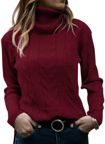 JOCAFIYE Pullover Damen Rollkragen Cable Knit Elegant Langarm Tops Lose Casual Weich 2024 Herbst Outfits Jumper Sweater Wine L von JOCAFIYE