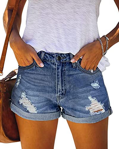 JOCAFIYE Damen Casual Denim Shorts - Stretch Ripped Raw Saum Jean Sommer Shorts Blau M von JOCAFIYE
