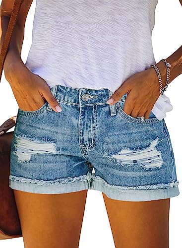 JOCAFIYE Damen Casual Mid Rise Denim Shorts - Stretch Ripped Raw Saum Jean Sommer Short Blau M von JOCAFIYE