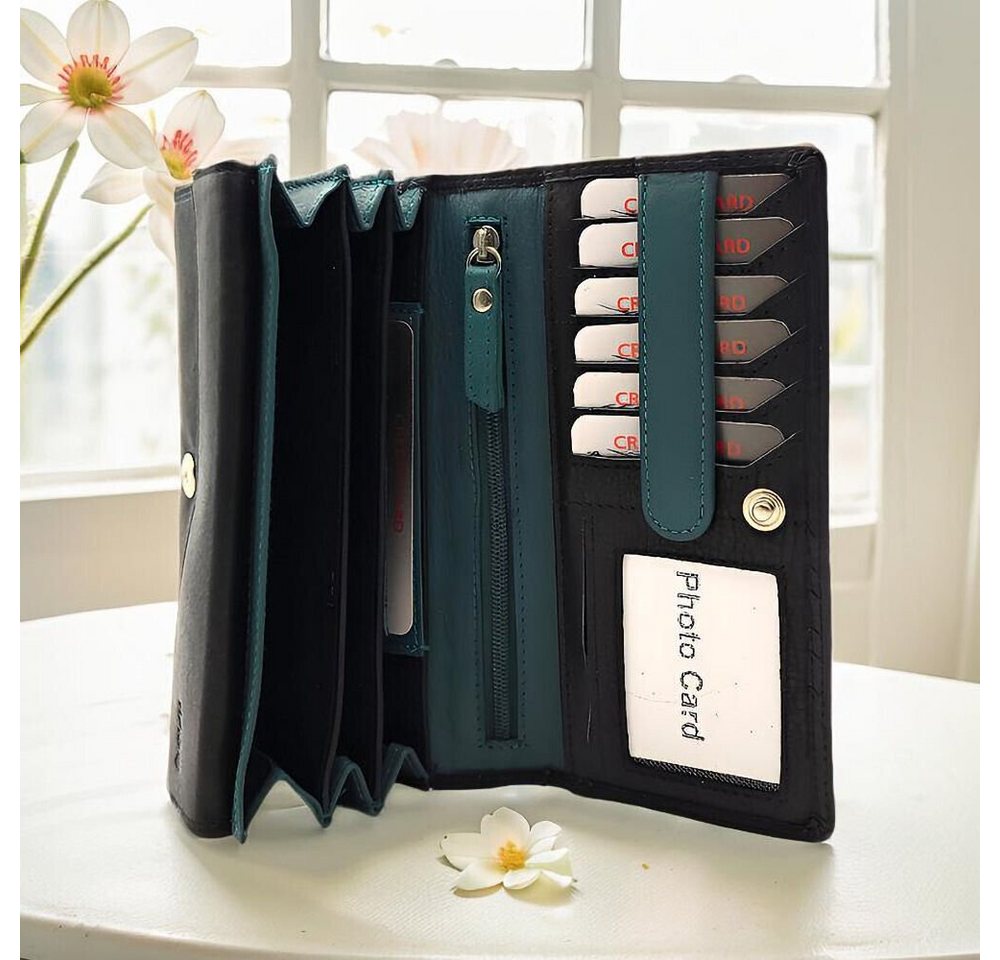 JOCKEY CLUB Geldbörse Geldbörse echt Leder Damen Portemonnaie lang mit RFID Schutz, bicolor, außen schwarz mit Kontrastnaht von JOCKEY CLUB