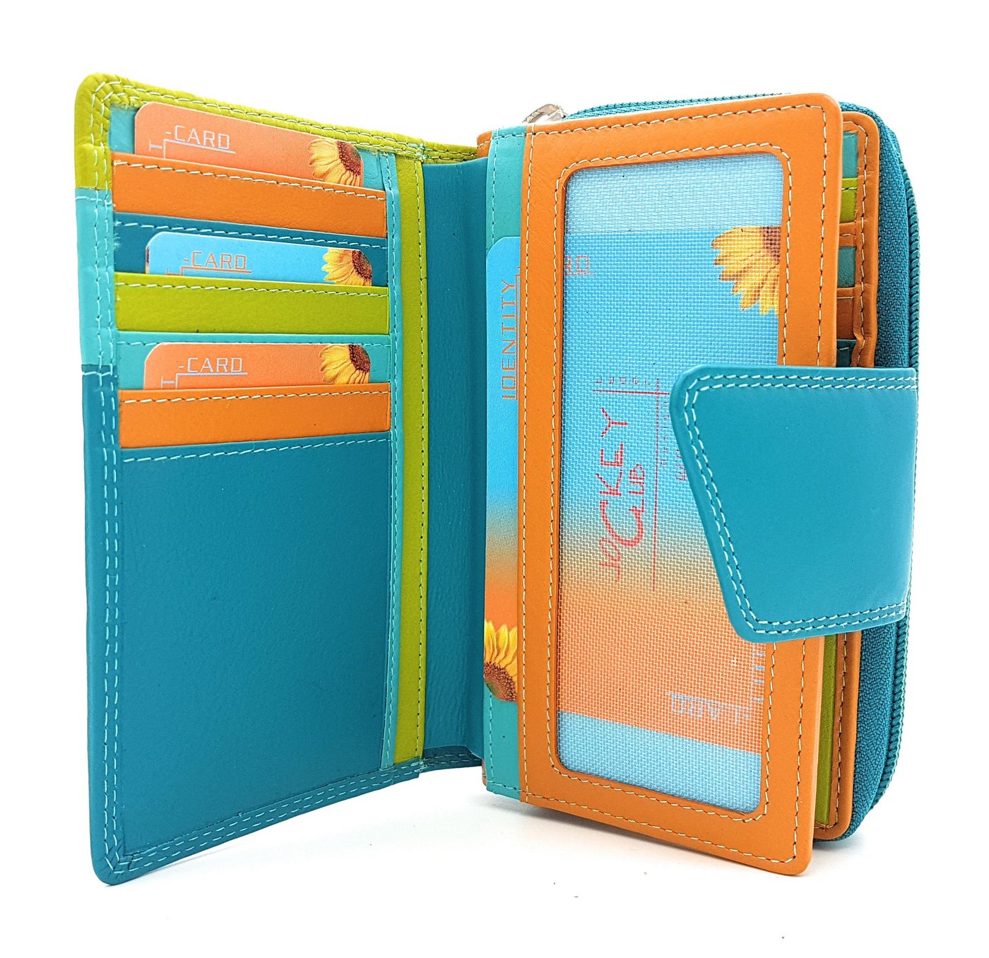 JOCKEY CLUB Geldbörse Rio, echt Leder Portemonnaie mit RFID Schutz, Reißverschlussmünzfach, Außenriegel mit Druckknopf, türkis / bunt von JOCKEY CLUB