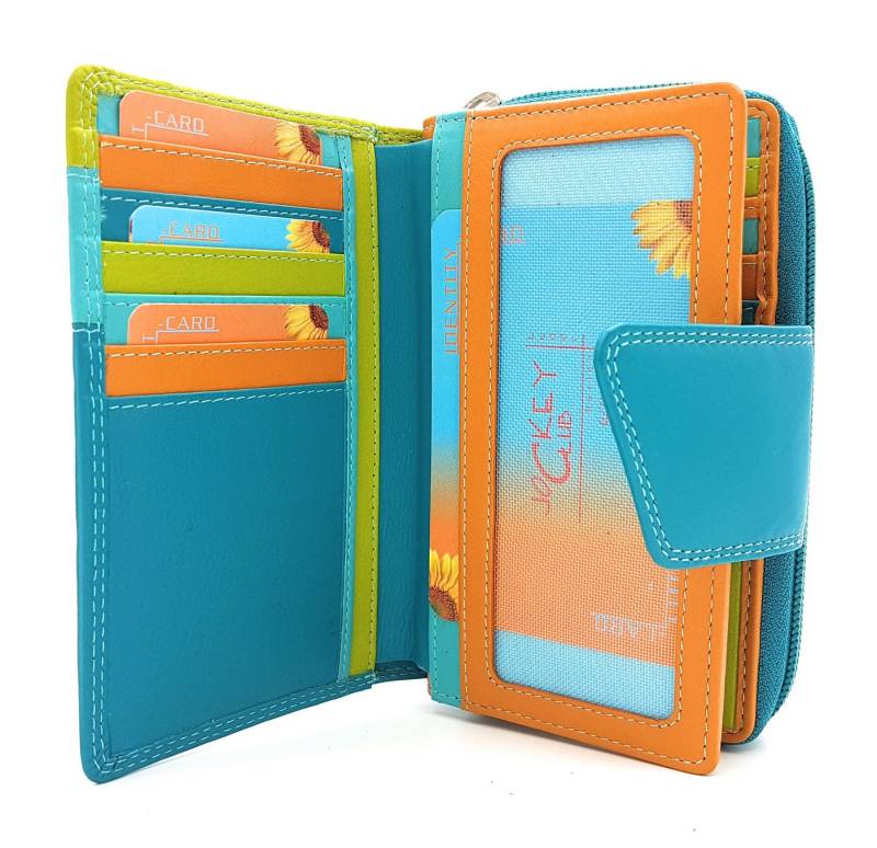JOCKEY CLUB Geldbörse Rio, echt Leder Portemonnaie mit RFID Schutz, Reißverschlussmünzfach, Außenriegel mit Druckknopf, türkis / bunt von JOCKEY CLUB