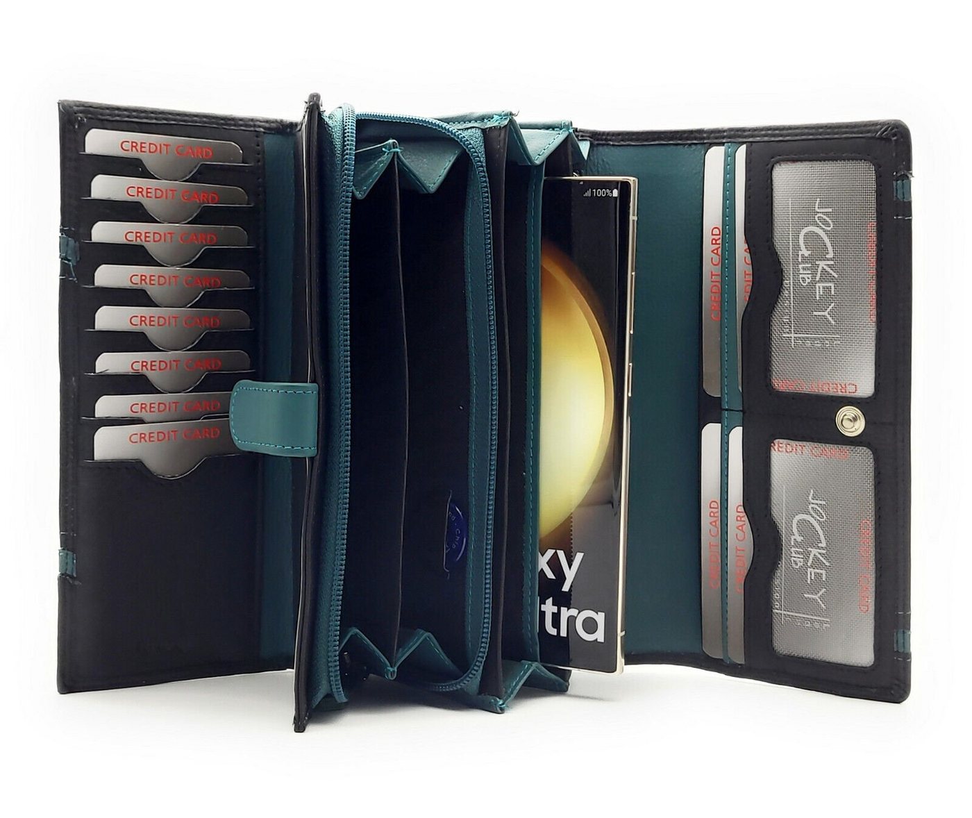 JOCKEY CLUB Geldbörse XL echt Leder Damen Portemonnaie mit RFID Schutz, 16 Kartenfächer, Smartphonefach, schwarz petrol von JOCKEY CLUB