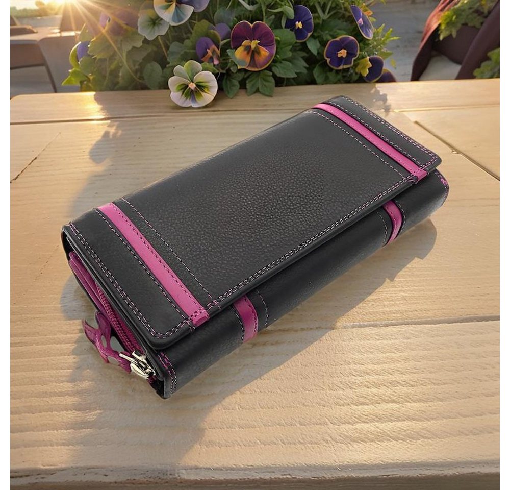 JOCKEY CLUB Geldbörse XL echt Leder Damen Portemonnaie mit RFID Schutz, 16 Kartenfächer, Smartphonefach, schwarz pink von JOCKEY CLUB