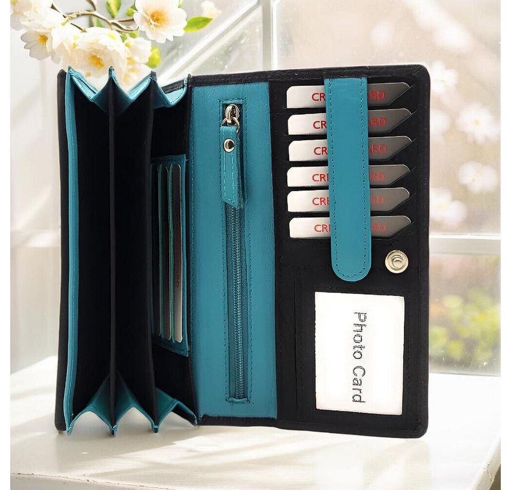 JOCKEY CLUB Geldbörse echt Leder Damen Portemonnaie lang mit RFID Schutz, bicolor, außen schwarz mit Kontrastnaht von JOCKEY CLUB