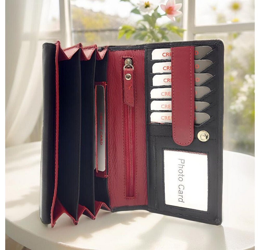 JOCKEY CLUB Geldbörse echt Leder Damen Portemonnaie lang mit RFID Schutz, bicolor, außen schwarz mit Kontrastnaht von JOCKEY CLUB