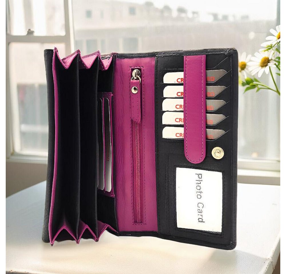 JOCKEY CLUB Geldbörse echt Leder Damen Portemonnaie lang mit RFID Schutz, bicolor, außen schwarz mit Kontrastnaht von JOCKEY CLUB