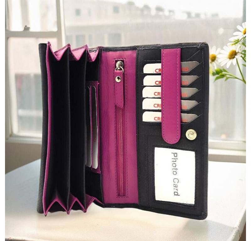 JOCKEY CLUB Geldbörse echt Leder Damen Portemonnaie lang mit RFID Schutz, bicolor, außen schwarz mit Kontrastnaht von JOCKEY CLUB