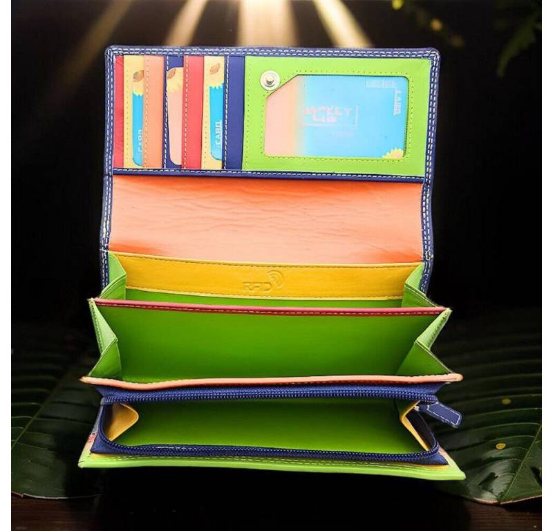 JOCKEY CLUB Geldbörse echt Leder Damen Portemonnaie mit RFID Schutz, außen blau, innen mehrfarbig von JOCKEY CLUB