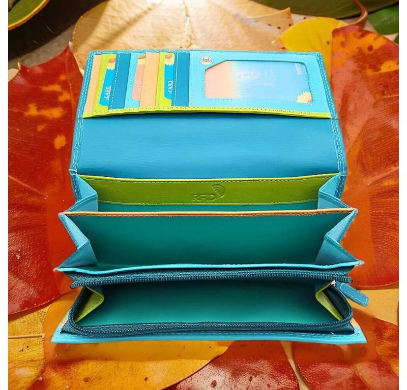 JOCKEY CLUB Geldbörse echt Leder Damen Portemonnaie mit RFID Schutz, außen türkis, innen mehrfarbig von JOCKEY CLUB