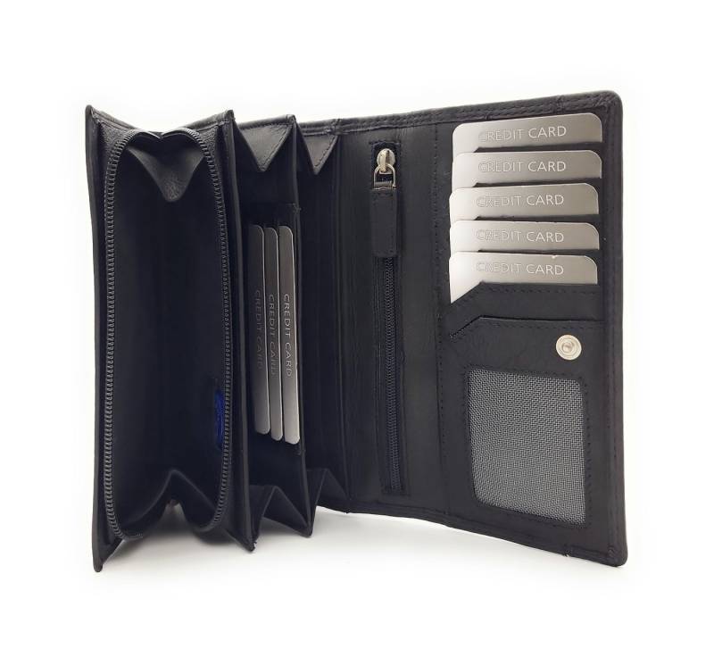 JOCKEY CLUB Geldbörse echt Leder Damen Portemonnaie mit RFID Schutz, klassisch schwarz, Überschlag mit Druckknopfverschluss, 8 Kartenfächer von JOCKEY CLUB