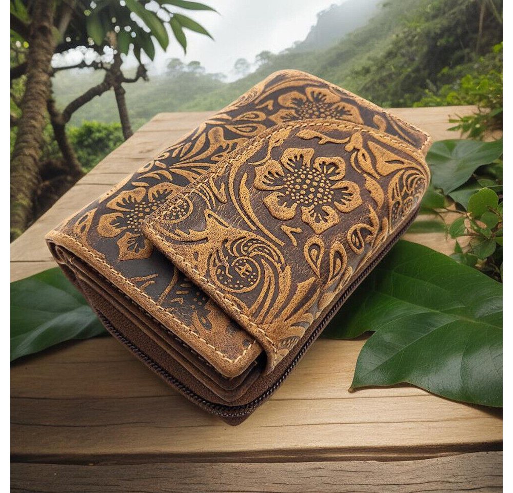 JOCKEY CLUB Geldbörse echt Leder Damen Portemonnaie mit RFID Schutz, schöne, florale Prägung, umfangreiche Ausstattung von JOCKEY CLUB