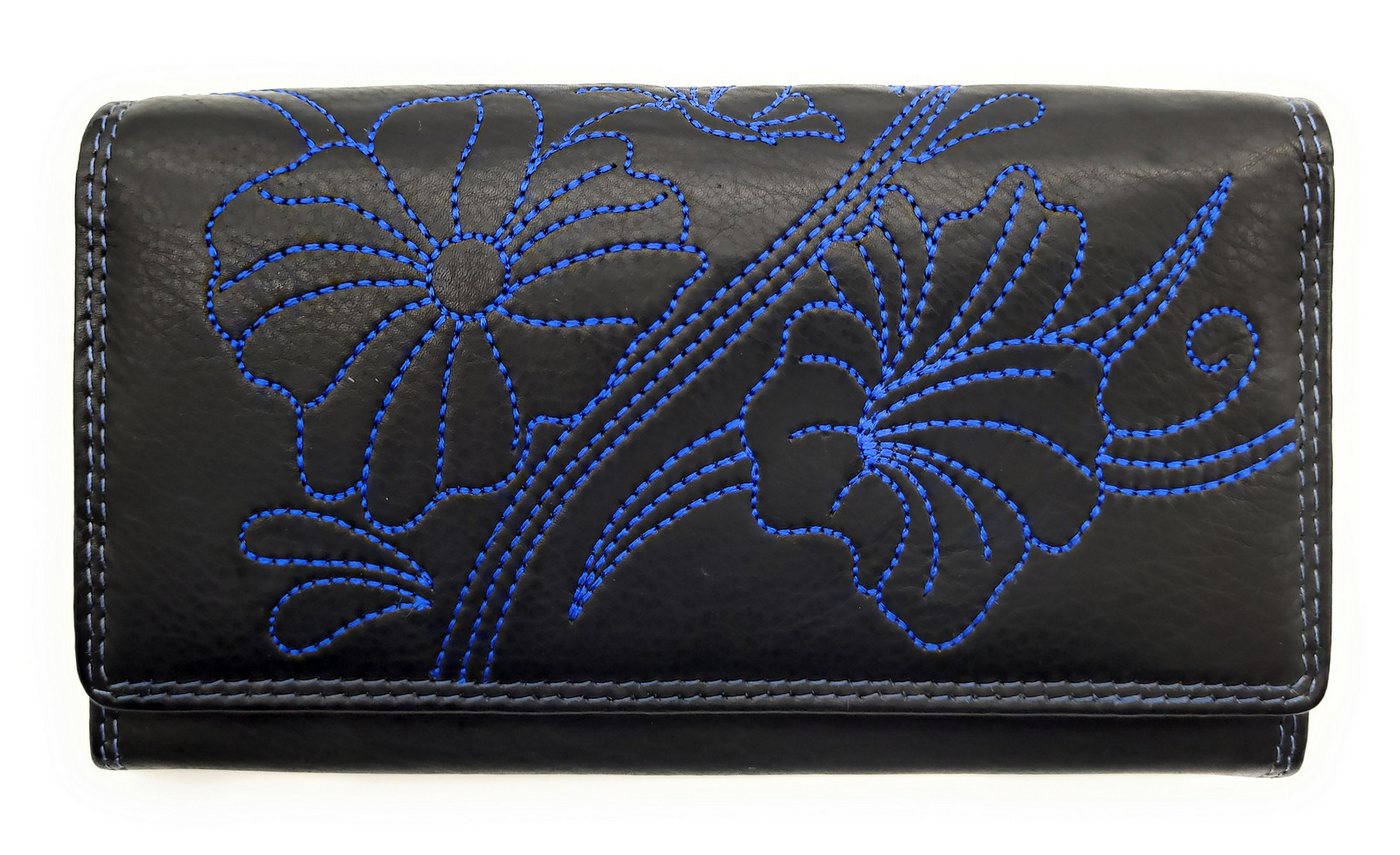 JOCKEY CLUB Geldbörse echt Leder Damen Portemonnaie mit RFID Schutz, wunderschöne Blütenstickerei, schwarz blau von JOCKEY CLUB