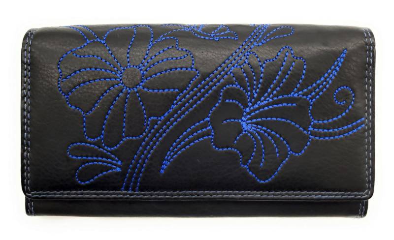 JOCKEY CLUB Geldbörse echt Leder Damen Portemonnaie mit RFID Schutz, wunderschöne Blütenstickerei, schwarz blau von JOCKEY CLUB